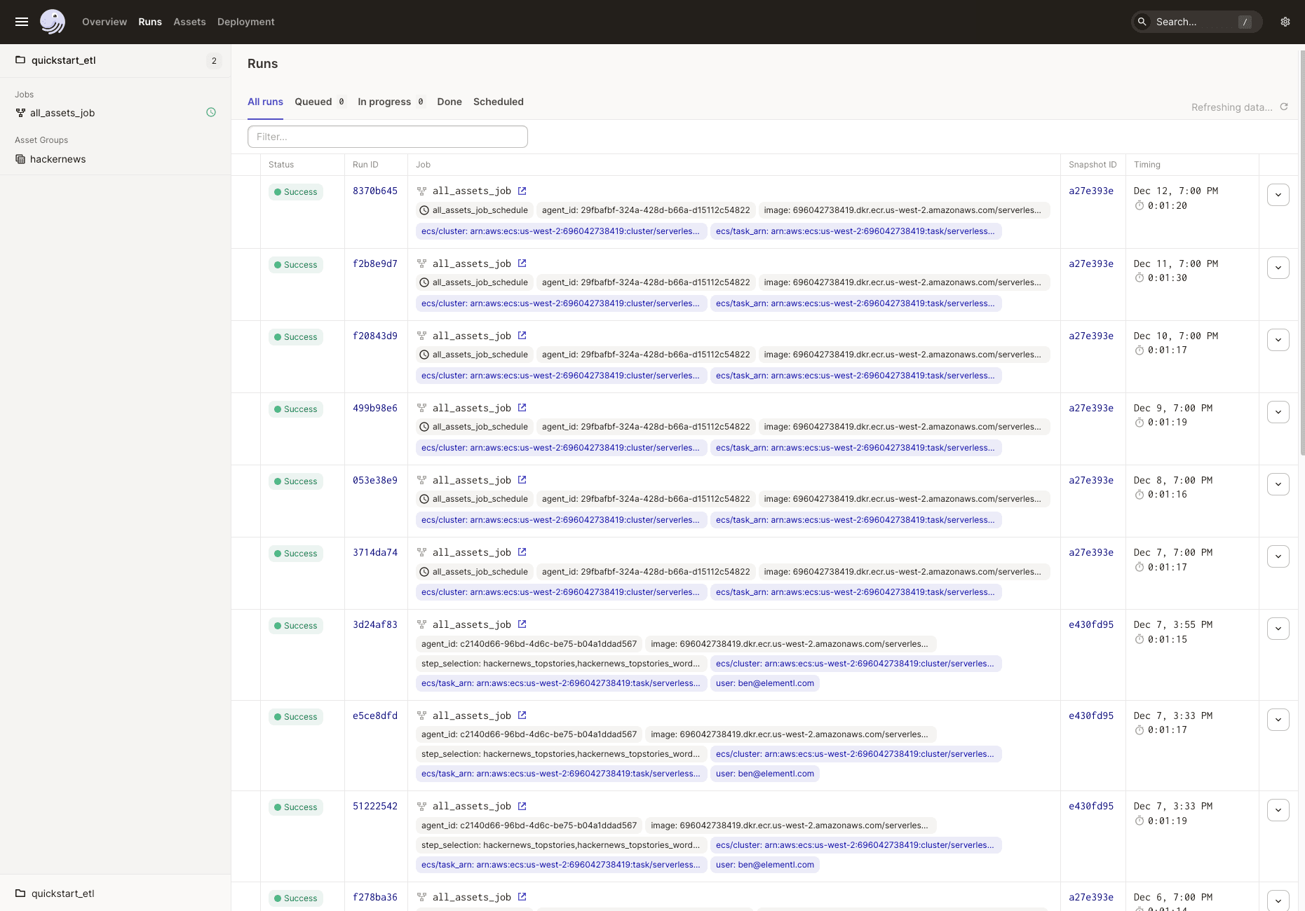 UI Runs page