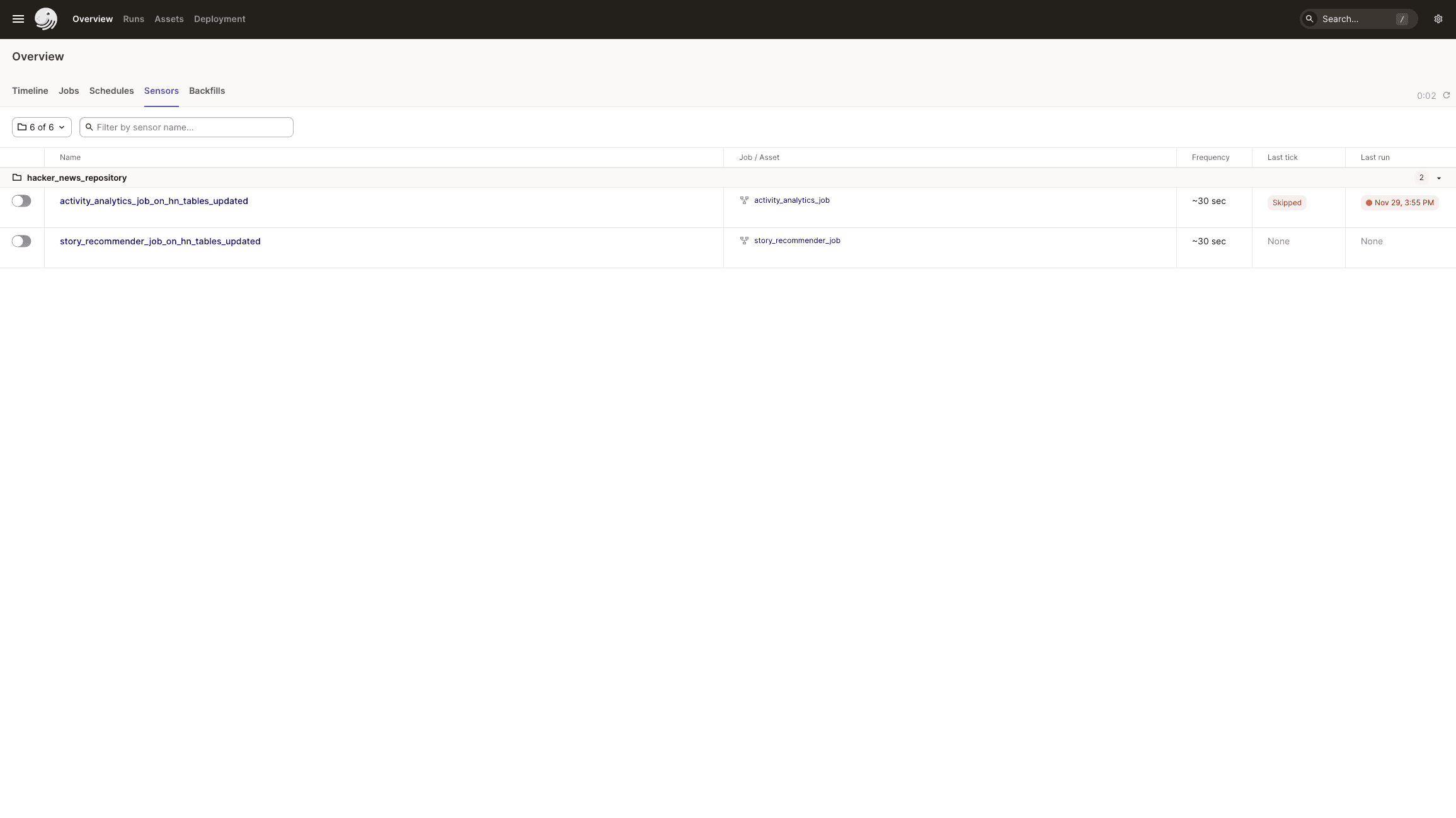 UI Sensors page